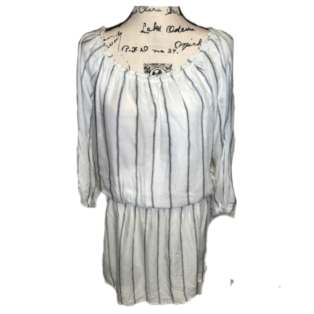 SANCTUARY SHORT DRESS LINEN LINED CUT OUT SLEEVES GATHERED WAIST IVORY STRIPED M